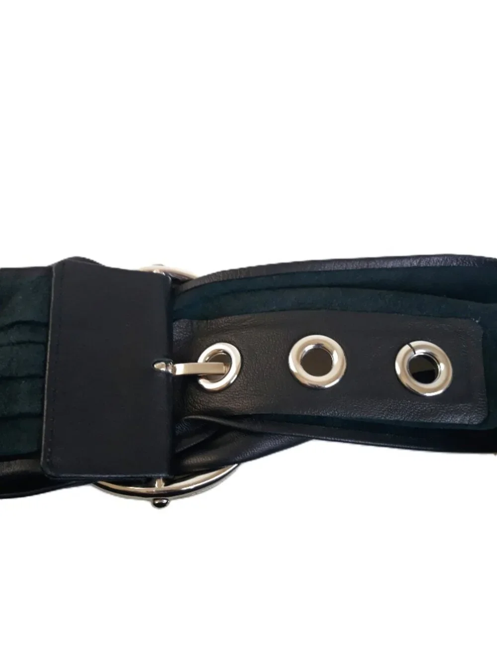 Susie Roher Black Leather Grommet Statement Waist Belt Boho Artsy Chic